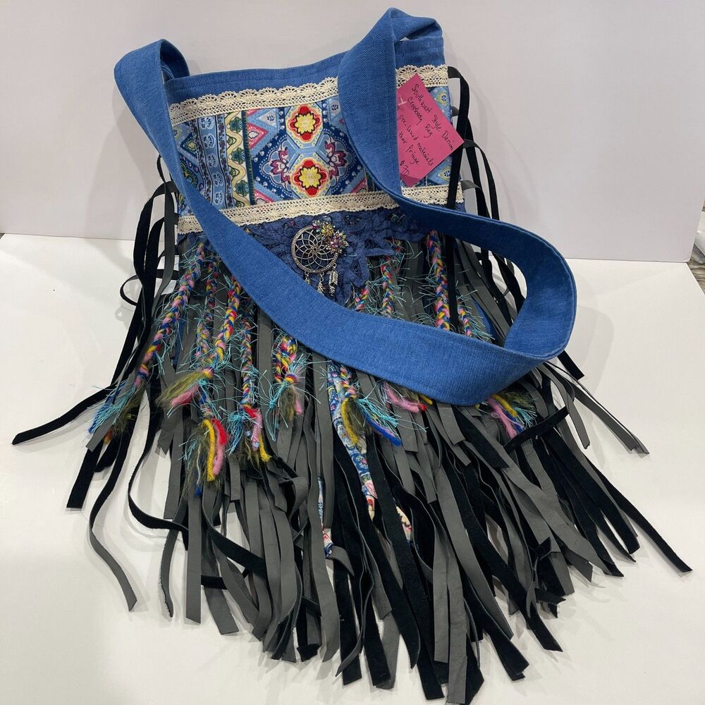 Handmade Blue Denim and Multicolor Tribal Inspired Crossbody Bag with Fringes